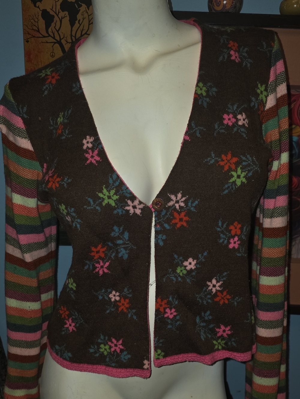 Oilily Brown Floral V-Neck Cardigan with Striped Sleeves